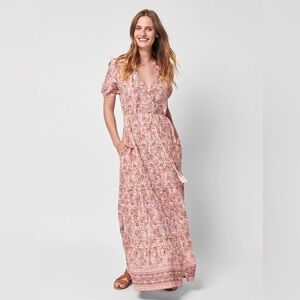 Faherty | Orinda Organic Cotton A Linę Dusty Pink Floral Maxi Dress Med Boho
